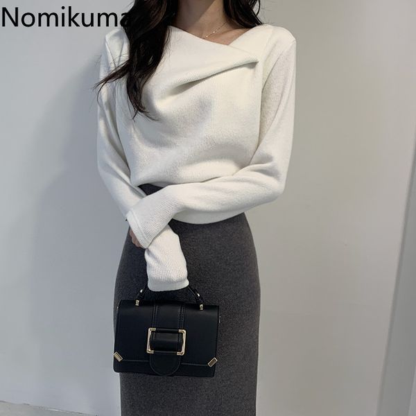

nomikuma all-match pullover sweater solid color irregular collar long sleeve casual jumpers autumn korean style sueter mujer 210514, White;black
