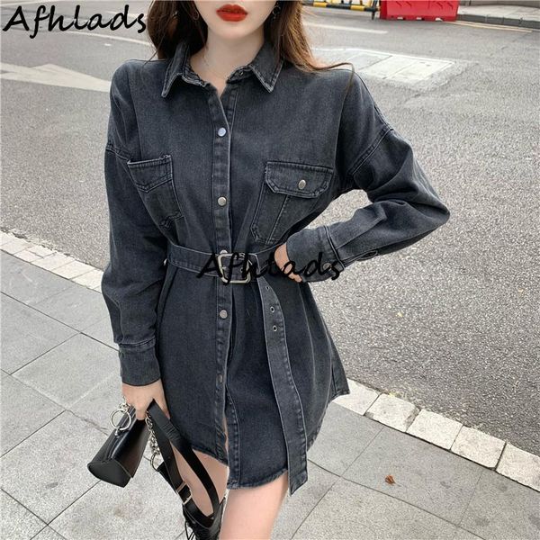 

casual dresses denim shirt women 2021 spring vintage design loose long sleeve single-breasted turn-down collar mini dress with belt, Black;gray