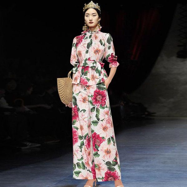 

vintage runway designers two piece set 2021 summer elegant ruffled floral printed pant outfits women's pants, White