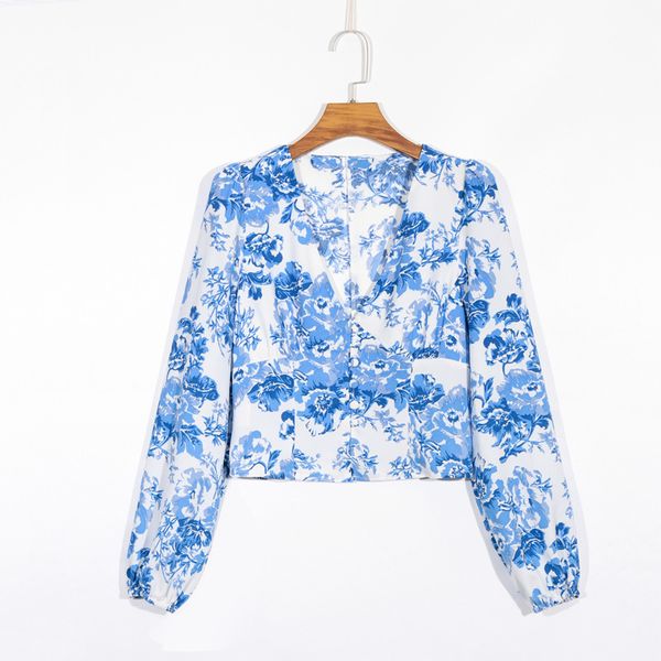 

summer women's casual flower print v-neck long-sleeved shirt, White