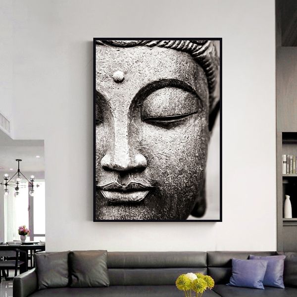 Moderne dekorative Leinwandgemälde, grauer Buddha mit halbem Gesicht, Kunstwandbilder für Wohnzimmer, Poster, Drucke, Bilder, ungerahmt