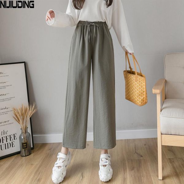

women's pants & capris nijiuding women wide leg pant 2021 spring summer female casual cotton and line elastic waist solid loose trouser, Black;white