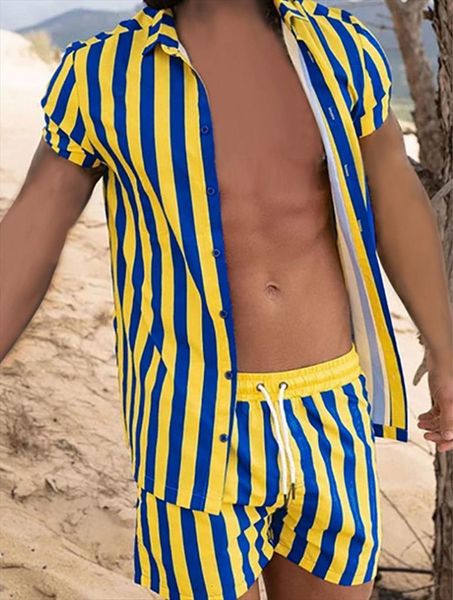 

fashion hawaiian stripe printed suit men tracksuits beach short sleeve shirt shorts two piece s 3xl, Gray