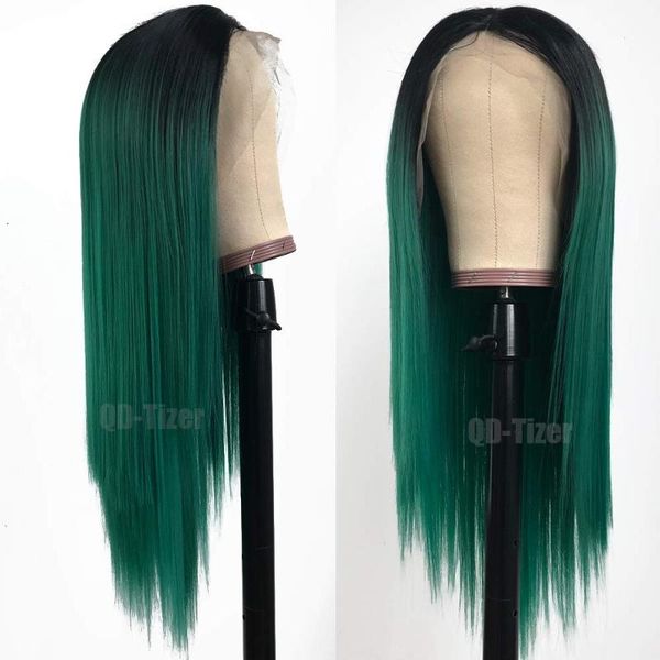 

synthetic wigs ombre green colored long silky straight lace front wig glueless for black women natural hairline cospla