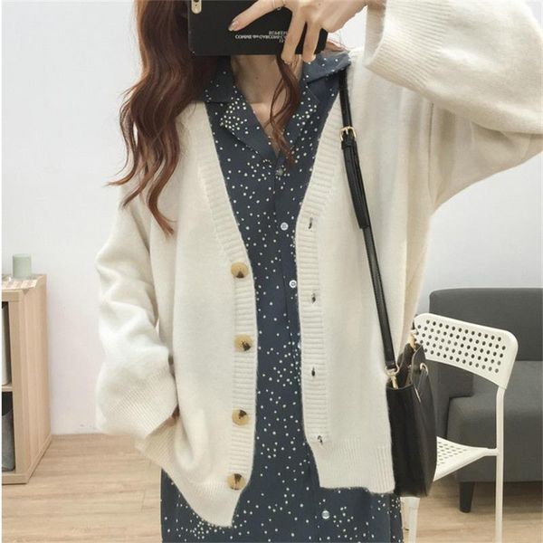 

h.sa spring cardigans v neck oversized button up casual sweater jacket knitted coats women korean fashion knitwear 210417, White;black