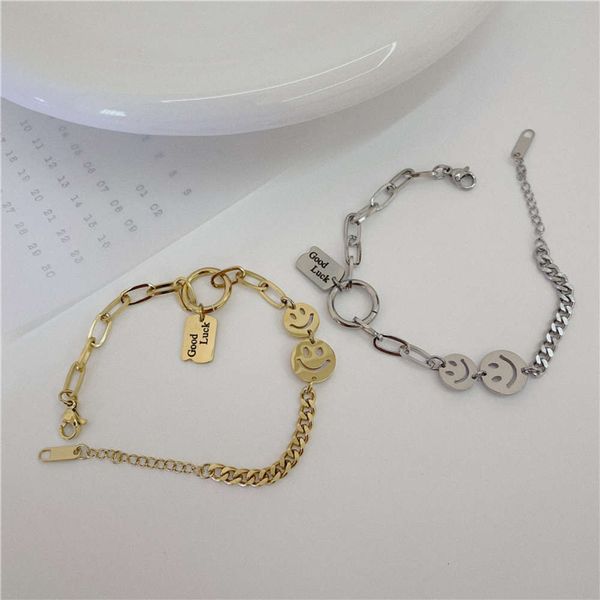 

advanced sense female minority design student simple cool temperament smiling face bracelet titanium steel, Black