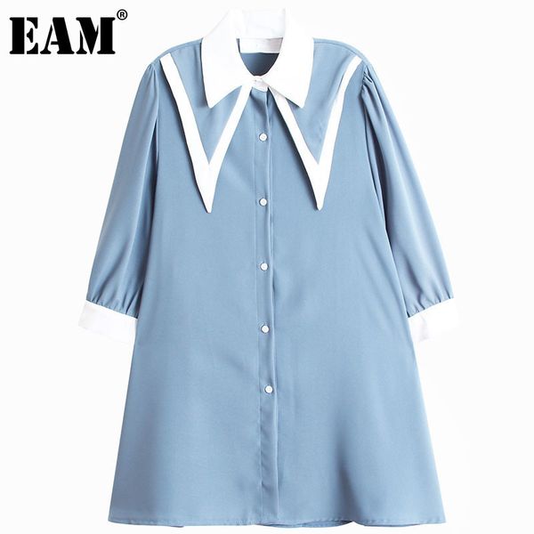 

[eam] women blue big size long blouse lapel three-quarter sleeve loose fit shirt fashion spring summer 1dd7769 21512, White