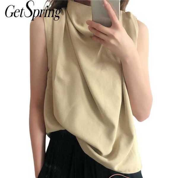 

getspring women t shirt stand collar pleated tshirt fashion sleeveless tee female loose tshirts summer t-shirt 210601, White