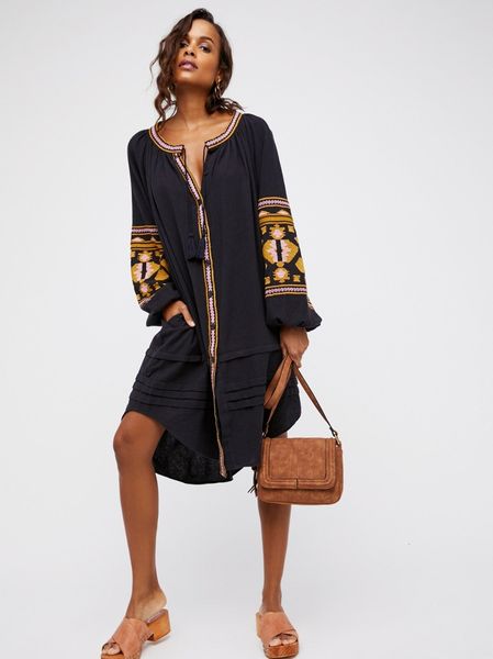 

casual dresses 2021 summer women runway hippie boho people embroidery bohemia dress oversized long sleeve robe dress female vestid, Black;gray
