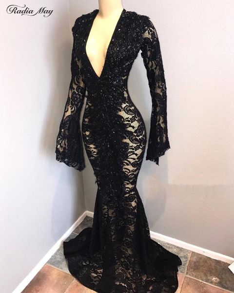 

party dresses v-neck black lace mermaid prom dress for girls long sleeves graduation gala 2021 evening gowns, White;black