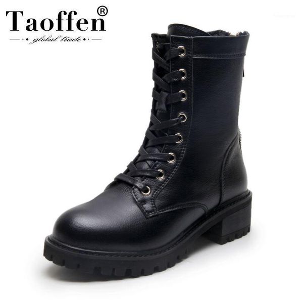 

boots taoffen women real leather black motorcycle chunky heel zipper daily outdoor winter shoes round toe botas size 35-391
