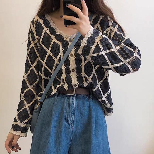 

women's blouses & shirts 2021 autumn women long-sleeved knitted cardigan shirt v-neck hollow out fashion female crochet blouse blusa, White