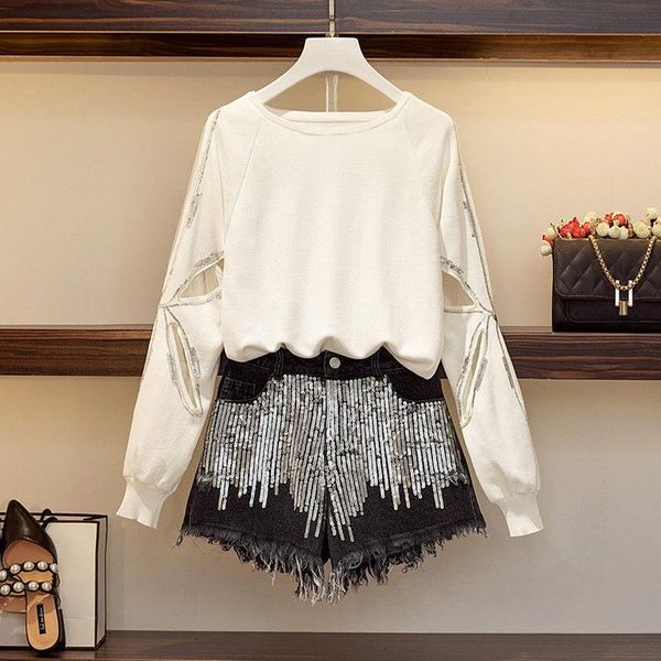 

women's tracksuits autumn plus size 100kg micro-fat sister's age-reducing western style denim shorts two-piece suit, Gray
