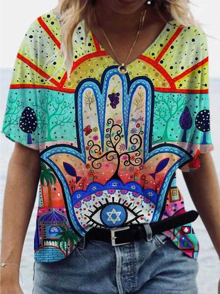 

2021 fashion t shirts v-ne abstract painting print short sleeve for women, White