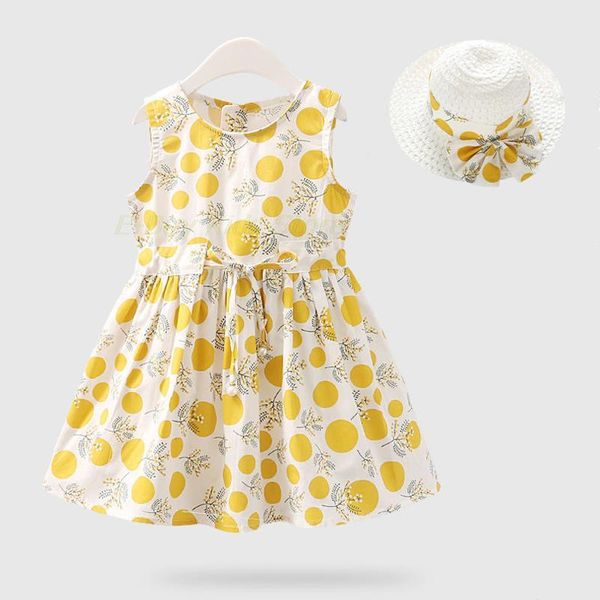 

girl's dresses yellow dot pattern for baby girls sleeveless dress with a hat children 2 3 4 5 6 7 years kids princess dressing, Red;yellow