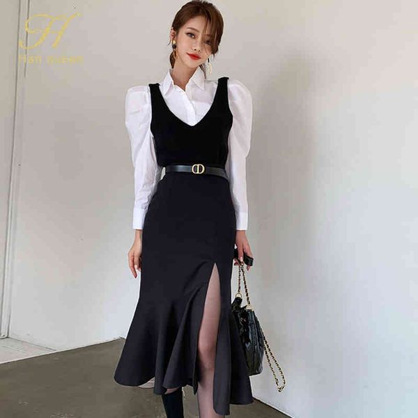 

dresses 2 pieces set women spring 2021 long sleeve shirts and high waist sheath mermaid skirts office lady skirt suit, Black;gray