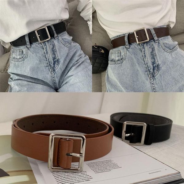 

belts korean style pu leather belt for women solid color square metal buckle female retro simplicity fashion jeans waistband, Black;brown