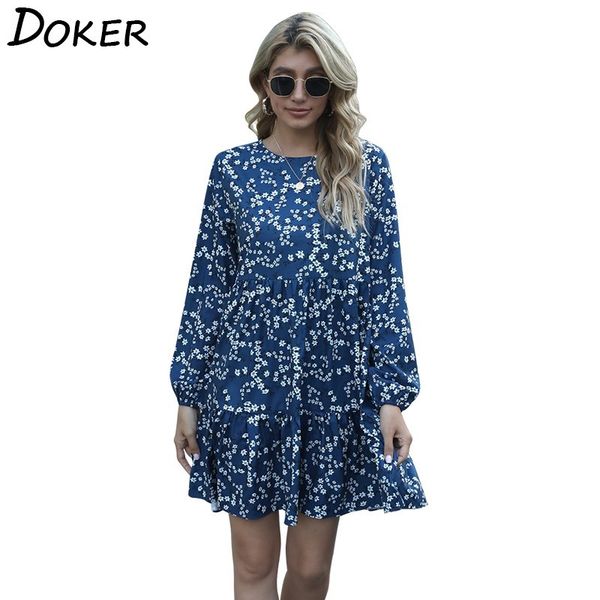 

women floral print mini dress fashion o neck long sleeve casual boho beach dresses female plus size loose short dress vestidos 210423, Black;gray
