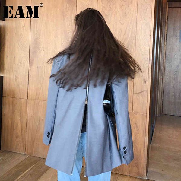 

[eam] women gray back zipper big size blazer lapel long sleeve loose fit jacket fashion spring autumn 1dd6471 21512, White;black