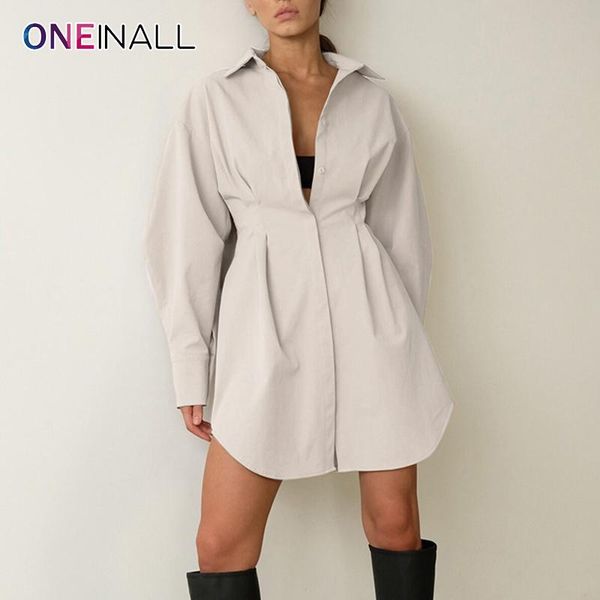 

casual dresses oneinall khaki dress for women lapel long sleeve high waist slimming mini females 2021 autumn fashion clothing, Black;gray