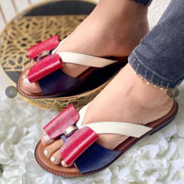 

slippers 2021 summer women's low heel square fashion color matching bow flat shoes elegant and comfortable sell 6kf257, Black