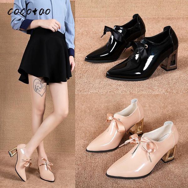 

dress shoes thick heel deep mouth single women 2021 spring and autumn lace-up british style women's comfortable high-heeled paint, Black