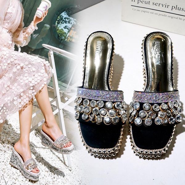 

slippers fashionable slope heel sandals women's summer 2021 high-heeled fashion wear thick bottom waterproof platform versatile, Black