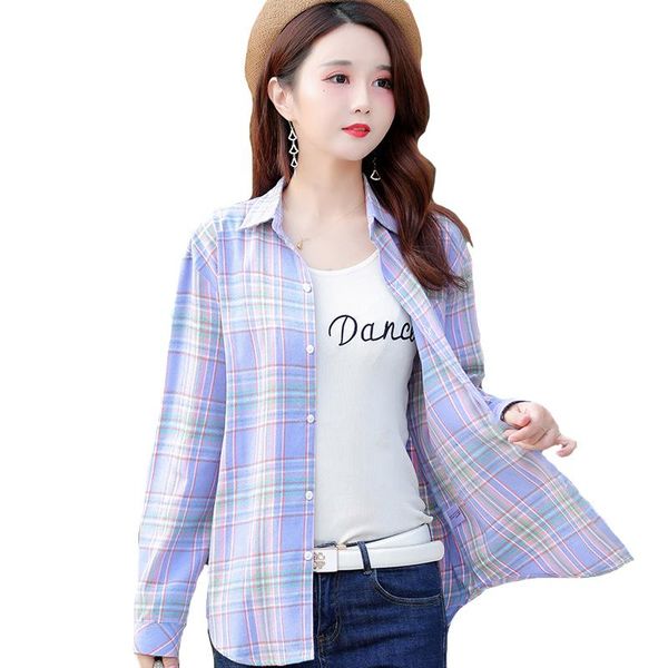 

women's blouses & shirts 2021 plaid female cotton blouse long sleeve checkered shirt slim turn-down collar blusas femininas -xxxl, White