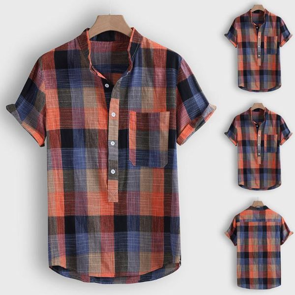 

men's casual shirts summer pocket plaid shirt turn down collar short sleeves streetwear male camisas para hombre 2021, White;black