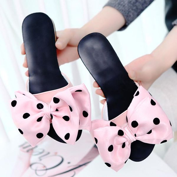 

slippers women vogue bowknot design elegant casual flat shoes pink bowtie open toe low heel ladies party flip flop, Black