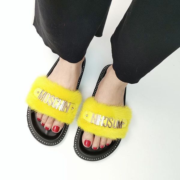 

slippers women's fur 100% mink summer furry flat indoor, Black