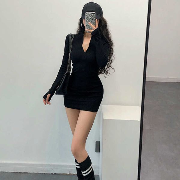 

fashion summer big v neck solid sheath zipper europe slim dress dresses above knee, mini q025 210603, Black;gray