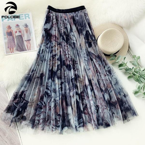 

skirts folobe vintage floral print mesh skirt women tulle a-line pleated high waist mid-calf maxi female long, Black