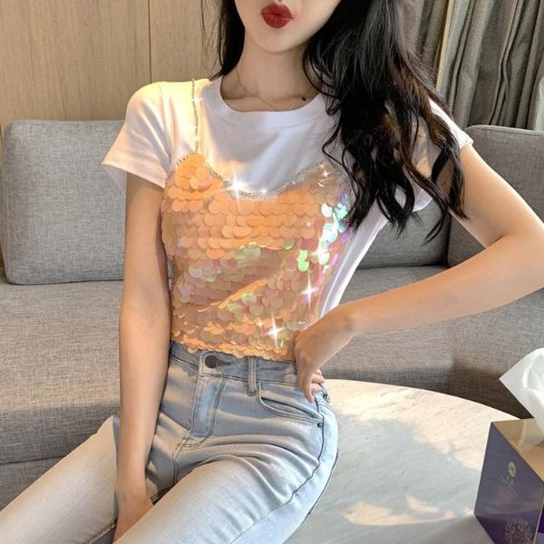 

women's t-shirt summer korean short-sleeved female embroidered sequins fake two-piece slim student half sleeve, White
