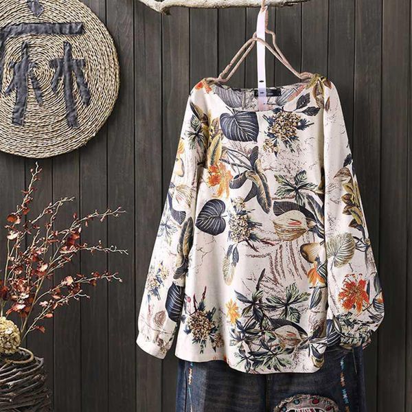 

women's blouses & shirts women vintage floral printed blouse spring long sleeve shirt bohemian tunic casual loose cotton linen blusas, White