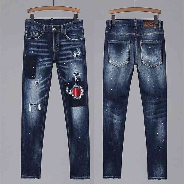 

dsq brand mens slim jeans denim pants european style straight hole zipper blue button pencil pants for 8010 210716