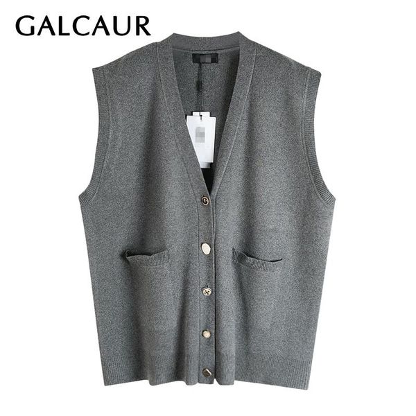 

women's vests galcaur casual vest for women v neck sleeveless patchwork buttons knitting oversized gray female 2021 autumn clothing tid, Black;white