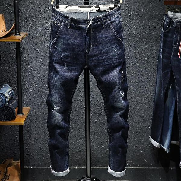 

voreloce classic letter embroidery men slim denim comfortable cotton spring brand clothing youth fashion trend jeans, Blue