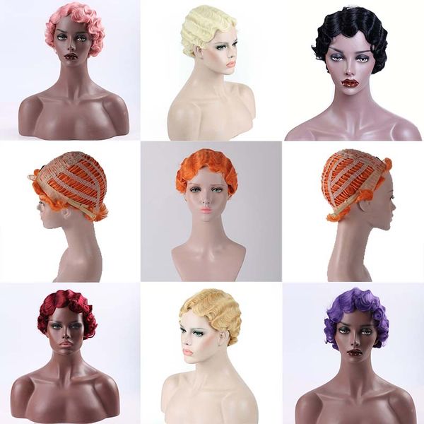 

synthetic short wavy wave wigs for woman short finger wave wigs short pixie cut wig wigsfactory direct, Black