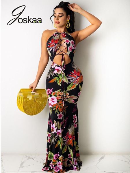 

casual dresses joskaa floral printed hollow out bandage holiday beach dress women halter backless maxi summer 2021 party clubwear, Black;gray