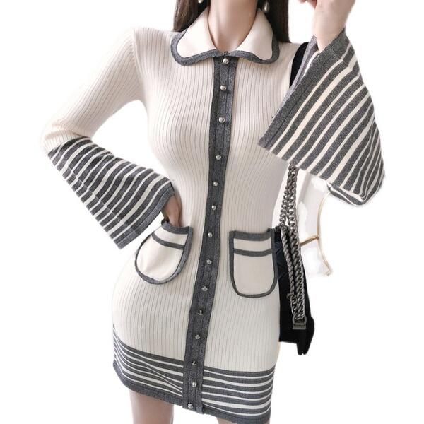 

casual dresses vintage knitted sweater dress women flare sleeve sweet single-breasted elegant slim chic short, Black;gray