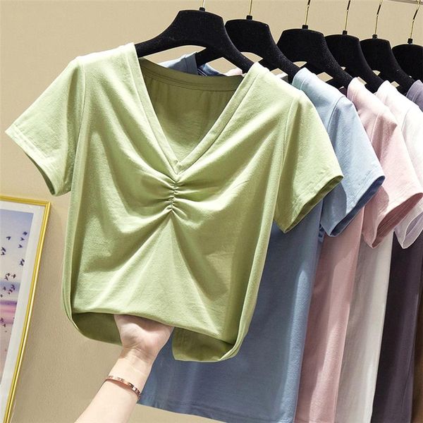 

women's t-shirt casual 95% cotton v-neck t shirt short sleeve women summer basic plus size 5xl solid color big tee female, White