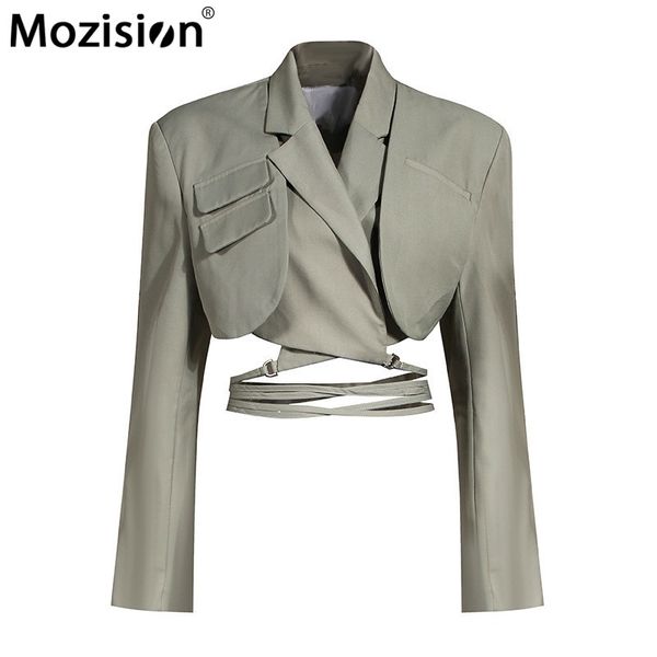 

mozision irregular elegant blazer for women notched long sleeves lace up bowknot blazers female spring fashion new coat 210330, White;black