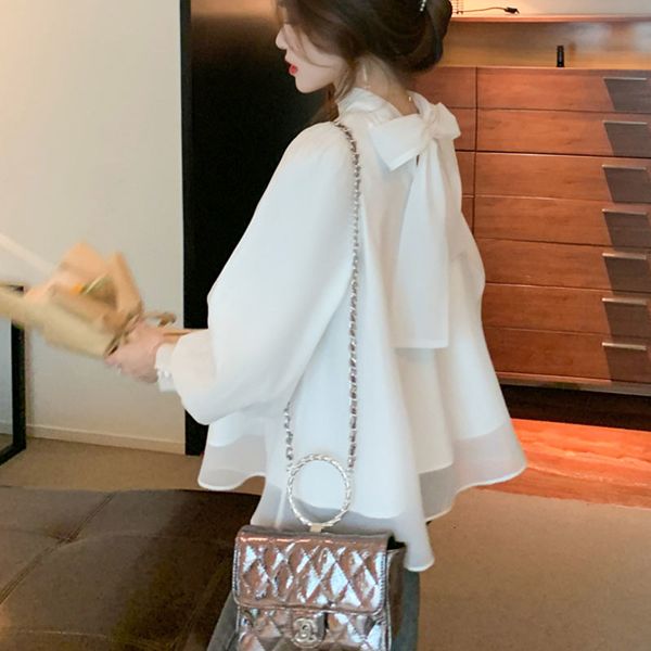 

women's knits & tees spring fashion long-sleeved flared chiffon blouse sweet back neck bowknot pull-over gauze casual bxdc, White