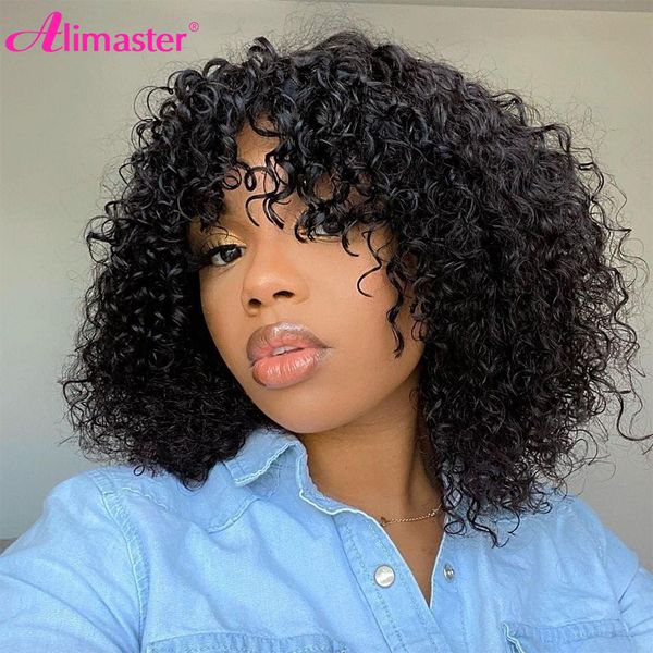 

short curly human hair wigs bob wigs with bangs human hair wigs for women deep wave full machine wig perruque cheveux humain, Black