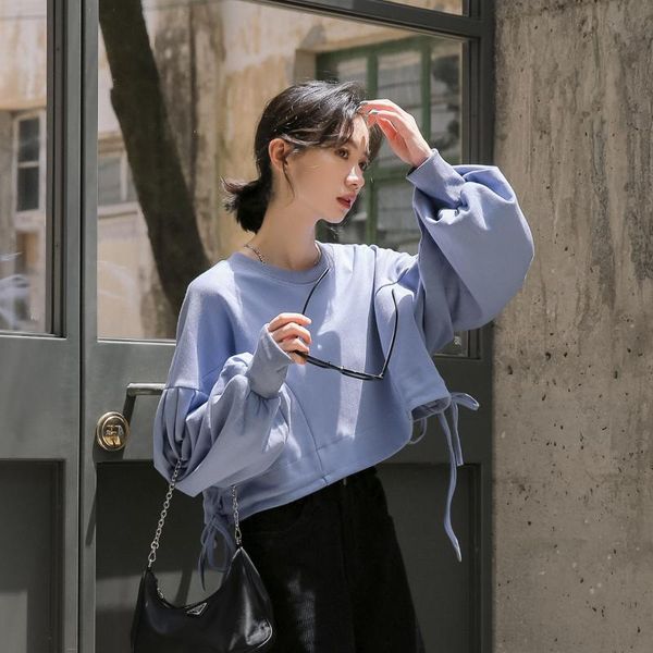 

women's hoodies & sweatshirts 2021 autumn spring women soild fashion short pullovers designed puff sleeve loose female high waist cool, Black