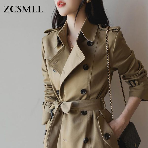 

women's trench coats zcsmll spring and autumn classic fashion lapel casual korean windbreaker small mid-length coat versatile temperame, Tan;black