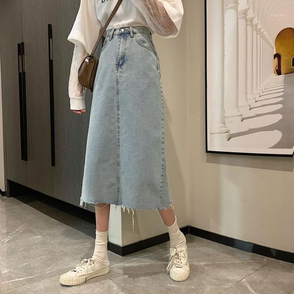 

skirts ancient ways is han edition in long tall waist show thin student age reduction split jean female a-line skirt, Black