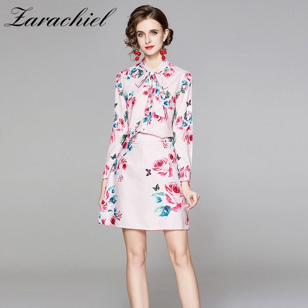 

women autumn elegant floral pink suits runway bow tie collar long sleeve shirt flower rose print mini skirt 2 piece sets 210416, White