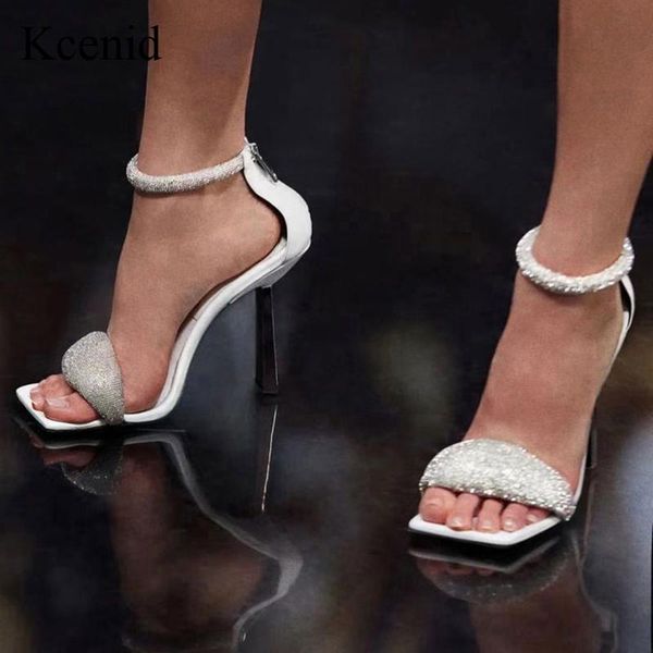 

sandals kcenid rhinestone women 2021 summer pu leather high heels pumps crystal ankle strap night club party prom shoes, Black